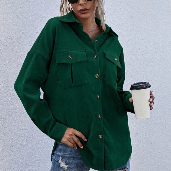 Green Boyfriend fit oversized shacket jacket corduroy Minimalist - Picture 11 of 16